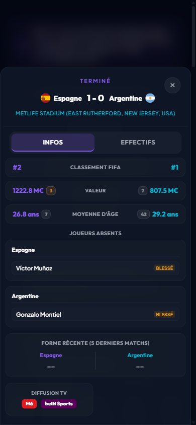Fiche d'avant-match sur téléphone