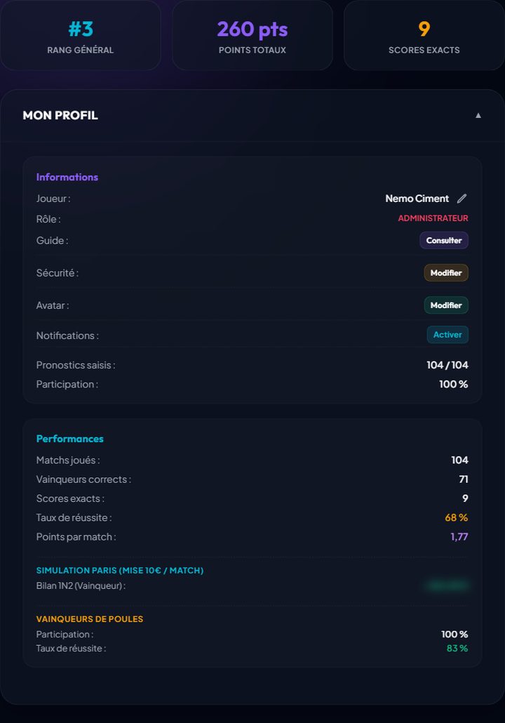 Page de profil : statistiques de réussite, points par match et simulation de paris