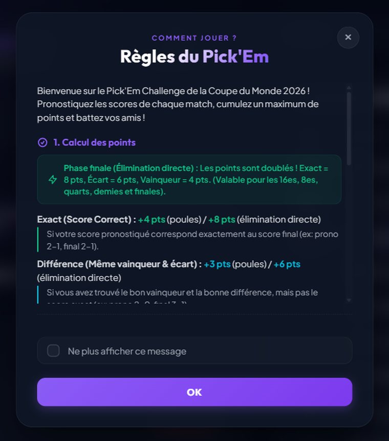Fenêtre expliquant le barème de points du jeu