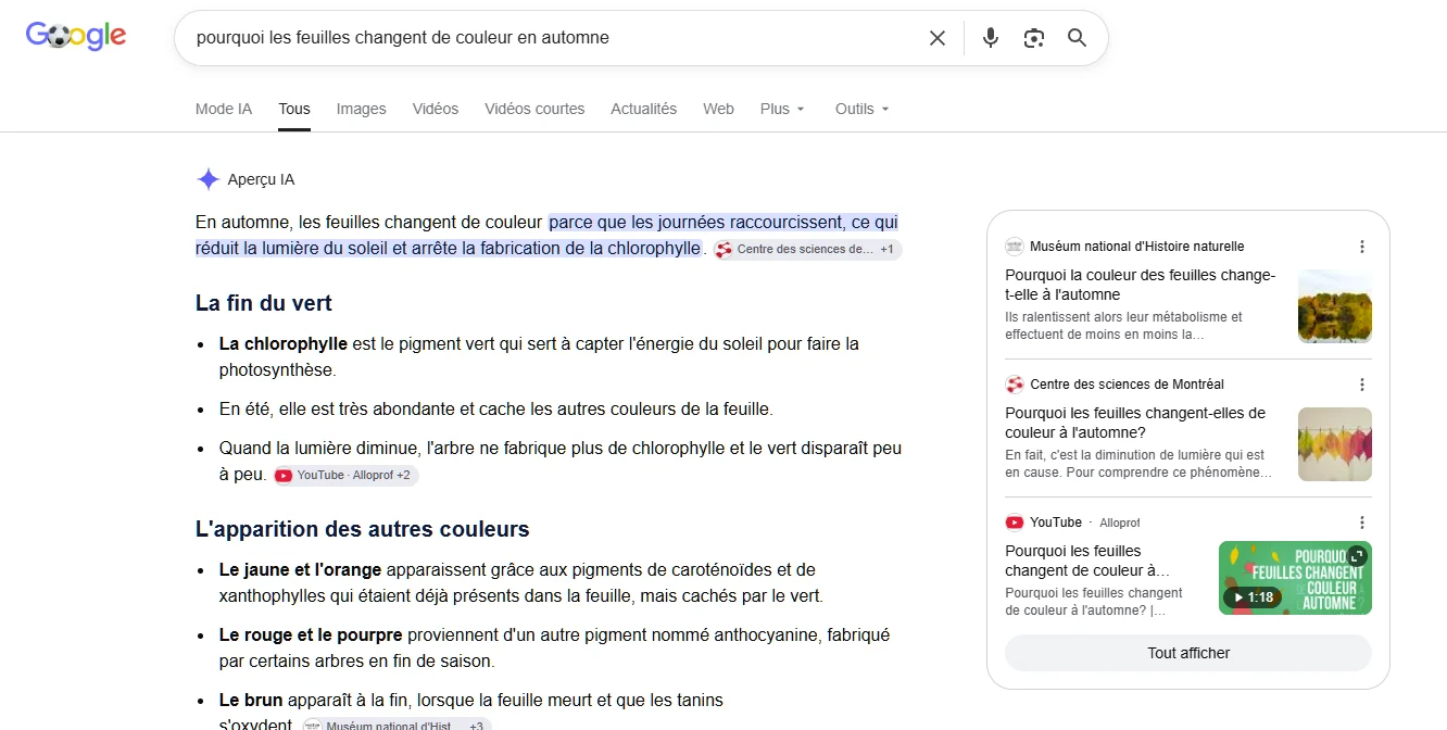 Une recherche Google sur pourquoi les feuilles changent de couleur en automne, avec l’Aperçu IA, ses étiquettes de sources et le panneau refermé par un bouton Tout afficher