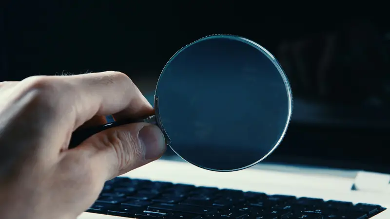 A hand holding a magnifying glass in front of a computer screen