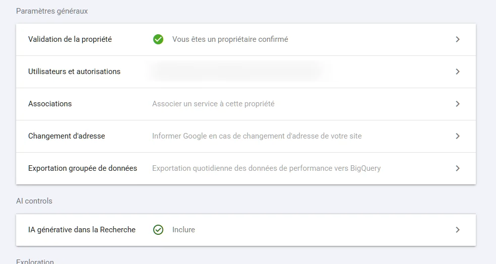 Les paramètres de Search Console avec la section AI controls et la ligne IA générative dans la Recherche réglée sur Inclure